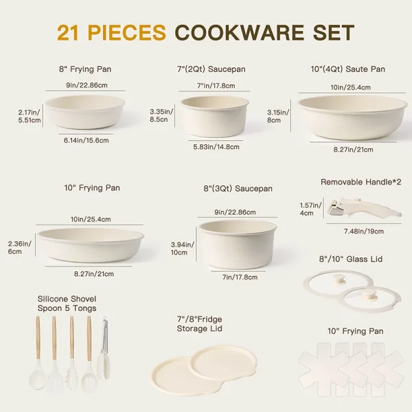 21 Piece Pots and Pans Set Non-Stick, Astercook Ceramic Cookware Set with Sensor Handles, Milky white - Image 3