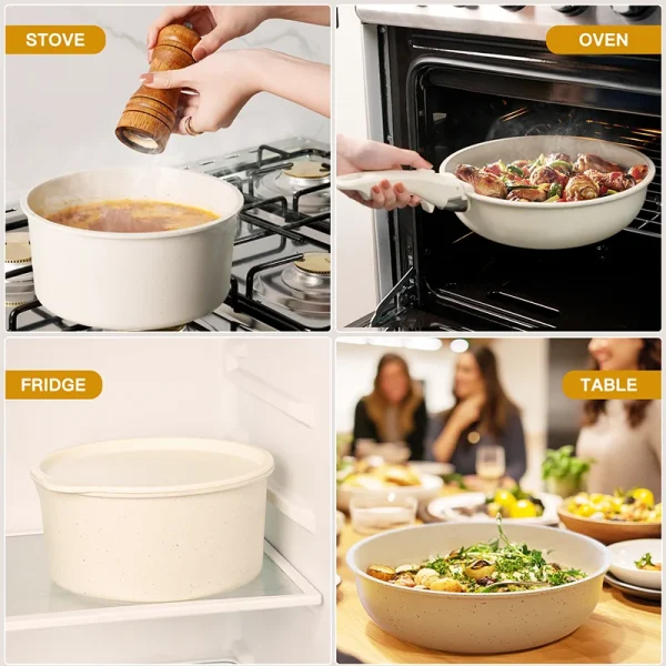 21 Piece Pots and Pans Set Non-Stick, Astercook Ceramic Cookware Set with Sensor Handles, Milky white - Image 4