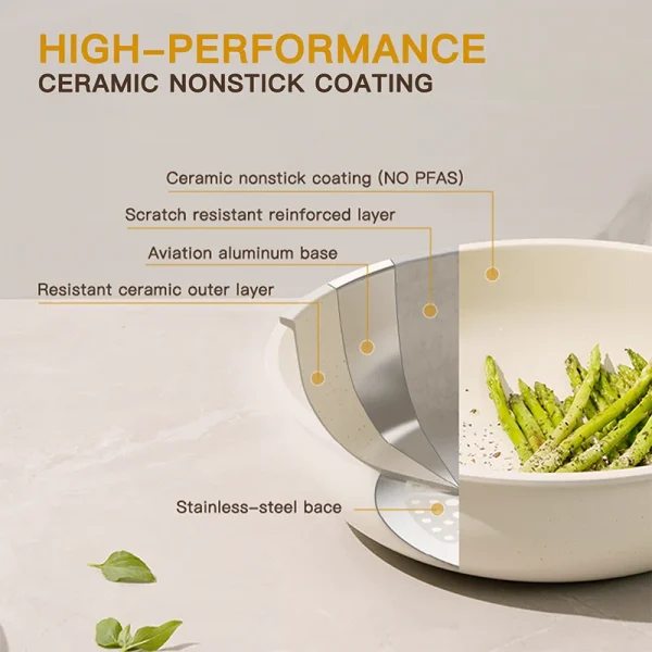 21 Piece Pots and Pans Set Non-Stick, Astercook Ceramic Cookware Set with Sensor Handles, Milky white - Image 6