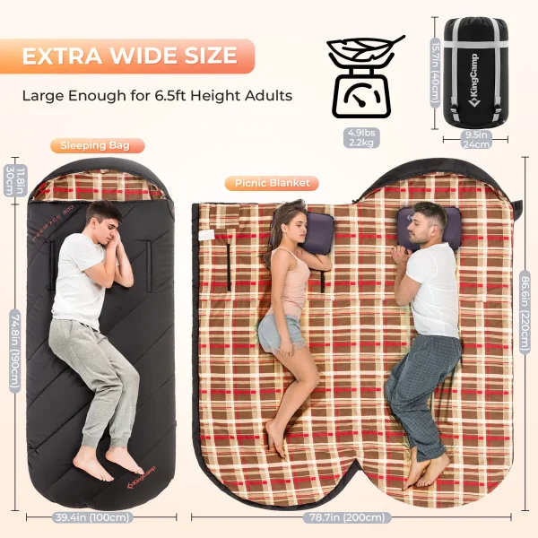 KingCamp Flannel Sleeping Bag, Single Enlarged Stretchable Polyester-cotton Flannel Oval Capped Sleeping Bag For Camping - Image 2