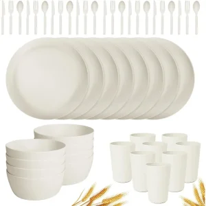 48-Piece Plastic Wheat Straw Dinnerware Sets Plates and Bowls Sets for 8 Lightweight Bowls Unbreakable Dish Set Dishwasher