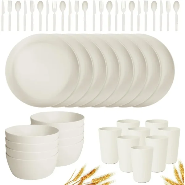 48-Piece Plastic Wheat Straw Dinnerware Sets Plates and Bowls Sets for 8 Lightweight Bowls Unbreakable Dish Set Dishwasher