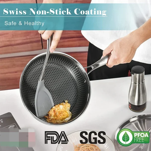 LMETJMA Stainless Steel Frying Pan Nonstick Honeycomb Fry Pan With Lid Induction Ceramic Electric Gas Cooktops Compatible KC0480 - Image 6