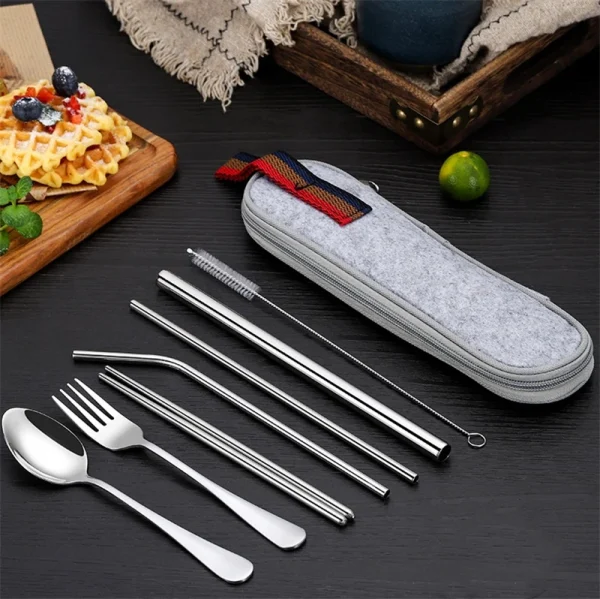 8Pcs/set Tableware Reusable Travel Cutlery Set Camp Utensils Set with stainless steel Spoon Fork Chopsticks Straw Portable case - Image 6