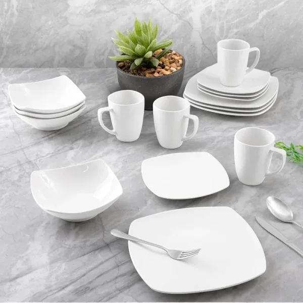 Luna Plates and Bowls Sets, 16 Piece Modern Porcelain Dish Set for 4, Chip and Scratch Resistant Square Dinnerware Set - Image 5