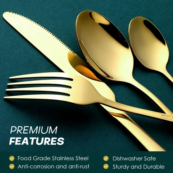 24pcs Elegant Stainless Steel Black Flatware Set, Classic Knife, Fork Spoon Gift Set Mirror Polish Gold Cutlery Dishwasher Saf - Image 5