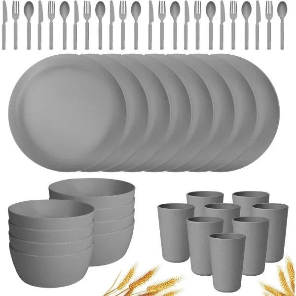 48-Piece Plastic Wheat Straw Dinnerware Sets Plates and Bowls Sets for 8 Lightweight Bowls Unbreakable Dish Set Dishwasher - Image 8
