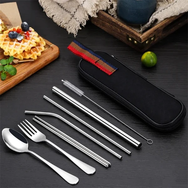 8Pcs/set Tableware Reusable Travel Cutlery Set Camp Utensils Set with stainless steel Spoon Fork Chopsticks Straw Portable case - Image 5