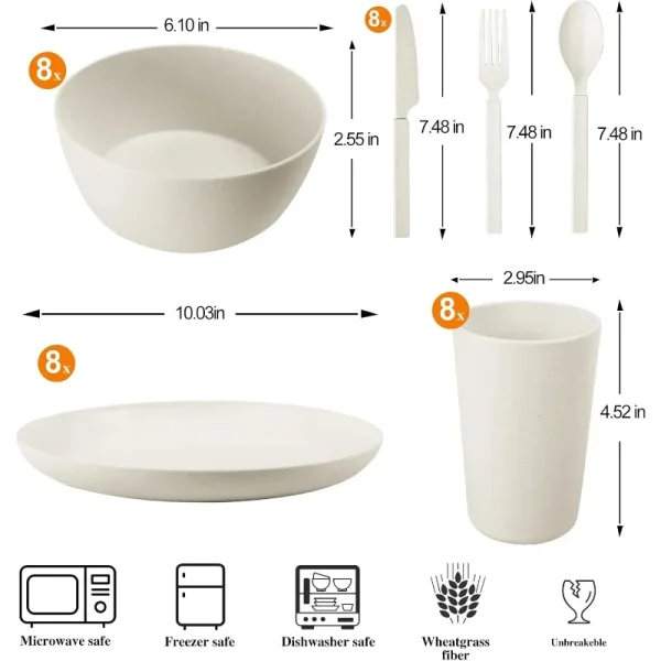 48-Piece Plastic Wheat Straw Dinnerware Sets Plates and Bowls Sets for 8 Lightweight Bowls Unbreakable Dish Set Dishwasher - Image 2