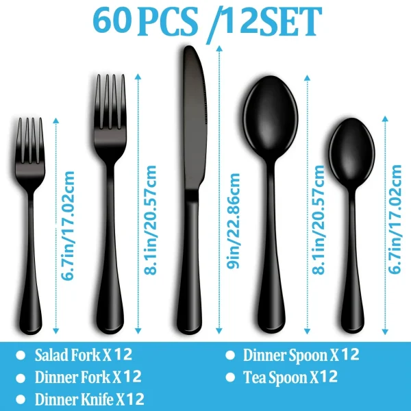 60pcs Black Silverware Set For 12, Stainless Steel Flatware Set, Cutlery Kitchen Tableware Fork Knife Spoon Dishwasher Safe - Image 3