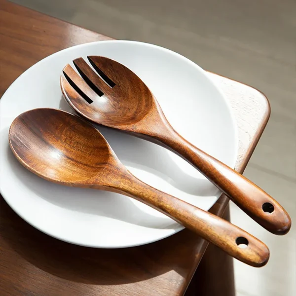 2Pcs Dinnerware Set Wooden Large Spoon Fork Cutlery Set Japanese Style Long Handle Serving Salad Scoop Tableware Kitchen Utensil - Image 3