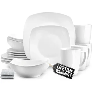 Luna Plates and Bowls Sets, 16 Piece Modern Porcelain Dish Set for 4, Chip and Scratch Resistant Square Dinnerware Set