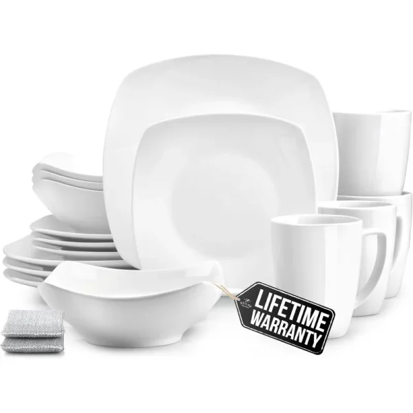 Luna Plates and Bowls Sets, 16 Piece Modern Porcelain Dish Set for 4, Chip and Scratch Resistant Square Dinnerware Set