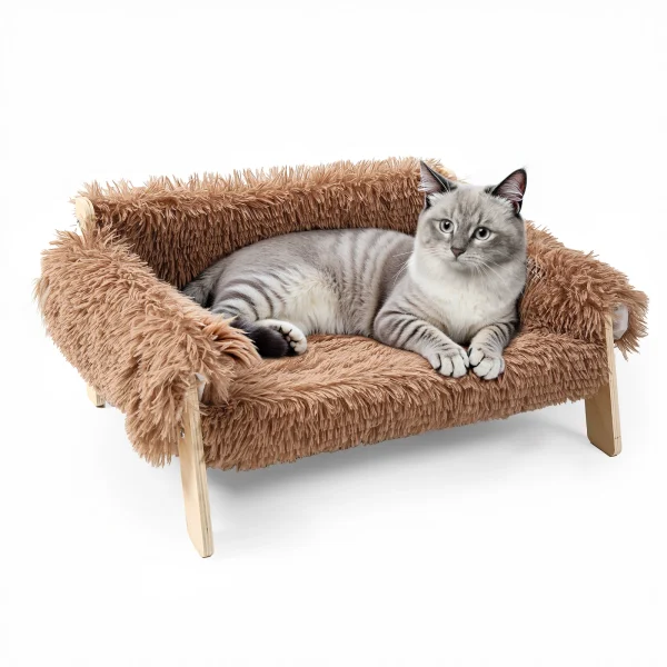 Large Cat Bed Sturdy Wooden Leg Raised Plush Cat Sofa Bed Kitten Bed for Indoor Cats - Soft Cat Couch - Image 7
