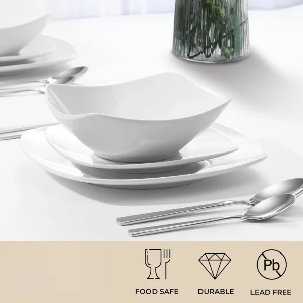 Luna Plates and Bowls Sets, 16 Piece Modern Porcelain Dish Set for 4, Chip and Scratch Resistant Square Dinnerware Set - Image 2