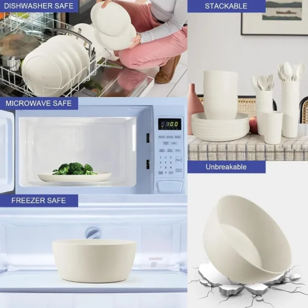 48-Piece Plastic Wheat Straw Dinnerware Sets Plates and Bowls Sets for 8 Lightweight Bowls Unbreakable Dish Set Dishwasher - Image 4