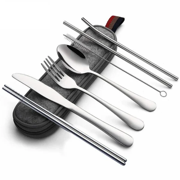8Pcs/set Tableware Reusable Travel Cutlery Set Camp Utensils Set with stainless steel Spoon Fork Chopsticks Straw Portable case - Image 8