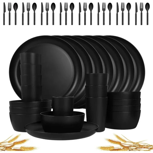48-Piece Plastic Wheat Straw Dinnerware Sets Plates and Bowls Sets for 8 Lightweight Bowls Unbreakable Dish Set Dishwasher - Image 7