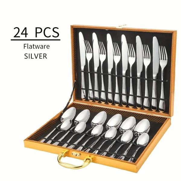 24pcs Elegant Stainless Steel Black Flatware Set, Classic Knife, Fork Spoon Gift Set Mirror Polish Gold Cutlery Dishwasher Saf - Image 6