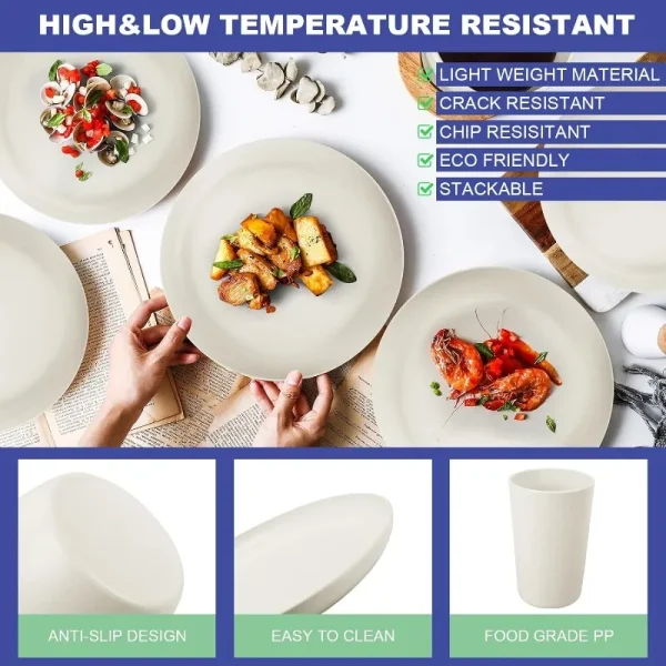 48-Piece Plastic Wheat Straw Dinnerware Sets Plates and Bowls Sets for 8 Lightweight Bowls Unbreakable Dish Set Dishwasher - Image 3