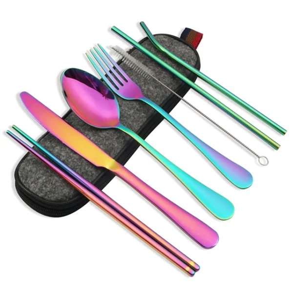 8Pcs/set Tableware Reusable Travel Cutlery Set Camp Utensils Set with stainless steel Spoon Fork Chopsticks Straw Portable case - Image 7