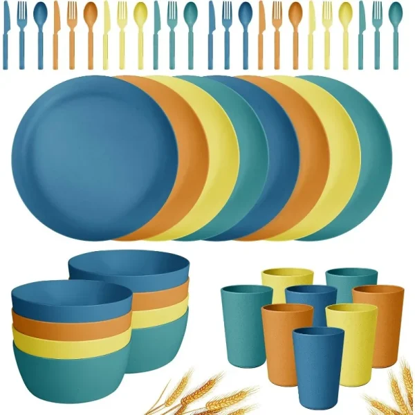 48-Piece Plastic Wheat Straw Dinnerware Sets Plates and Bowls Sets for 8 Lightweight Bowls Unbreakable Dish Set Dishwasher - Image 6