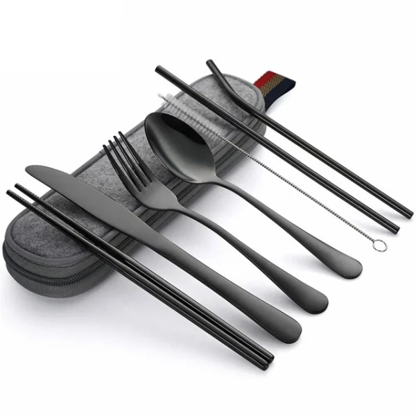 8Pcs/set Tableware Reusable Travel Cutlery Set Camp Utensils Set with stainless steel Spoon Fork Chopsticks Straw Portable case - Image 13