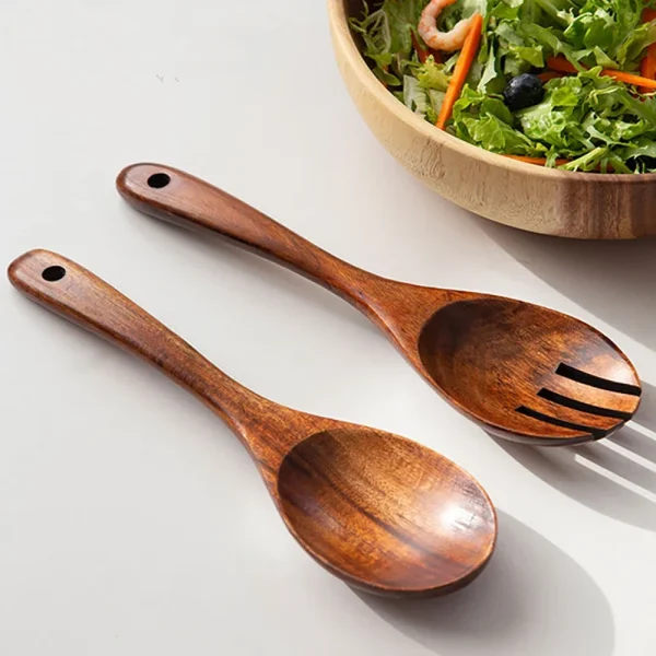 2Pcs Dinnerware Set Wooden Large Spoon Fork Cutlery Set Japanese Style Long Handle Serving Salad Scoop Tableware Kitchen Utensil - Image 5
