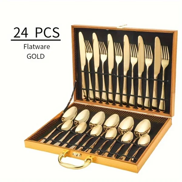 24pcs Elegant Stainless Steel Black Flatware Set, Classic Knife, Fork Spoon Gift Set Mirror Polish Gold Cutlery Dishwasher Saf - Image 7