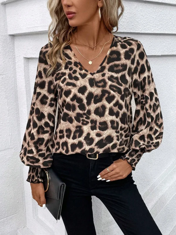 Mia Muse Women's Blouses Autumn Winter Simple Fitting Slim Leopard Long Sleeve V-Neck High Street Blouses - Image 6