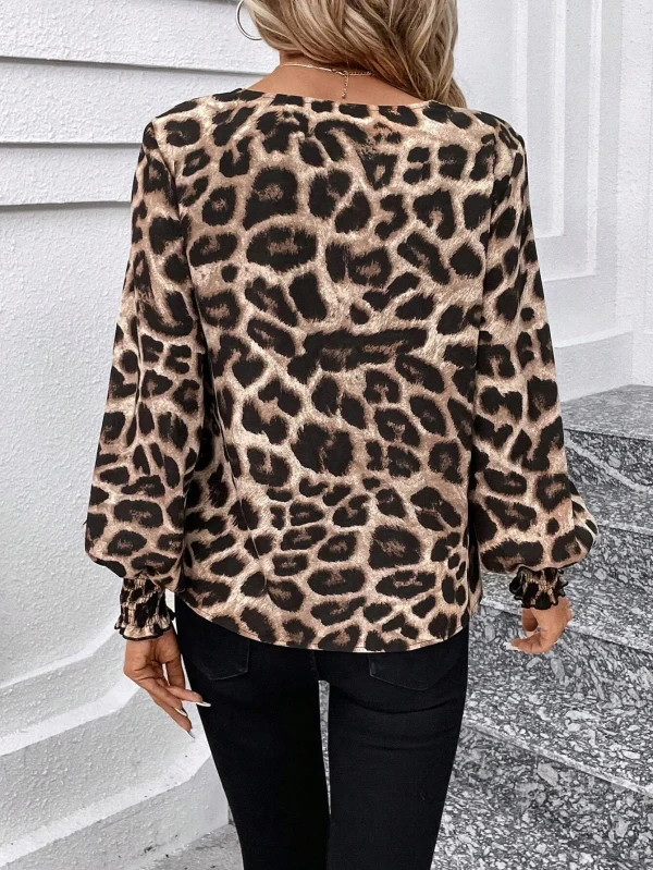 Mia Muse Women's Blouses Autumn Winter Simple Fitting Slim Leopard Long Sleeve V-Neck High Street Blouses - Image 4