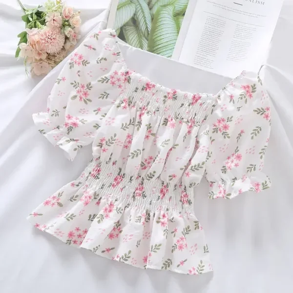 Sweet Broken Flower Slash Neck Women Blouse Agaric Edge Pleat Design Slim Elastic Waist Cropped Top Cute Chiffon T-shirt Summer - Image 7
