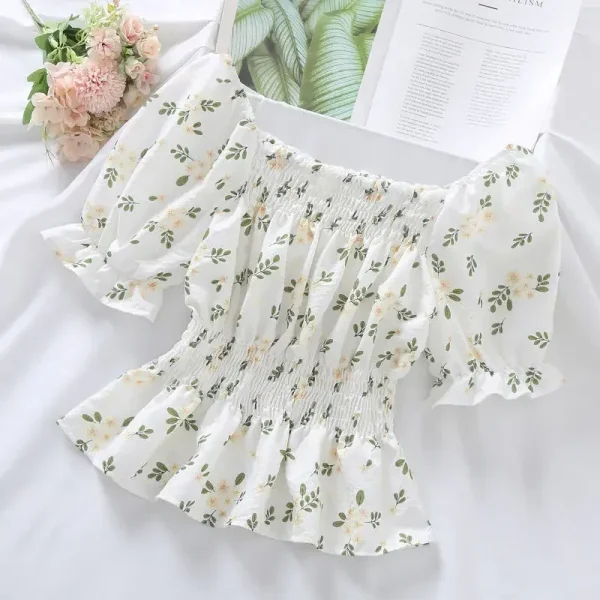 Sweet Broken Flower Slash Neck Women Blouse Agaric Edge Pleat Design Slim Elastic Waist Cropped Top Cute Chiffon T-shirt Summer - Image 2