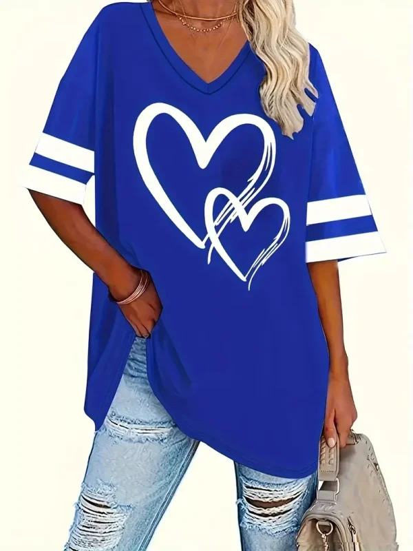2024 Plus Size Heart & Stripe Print T-Shirt Casual Short Sleeve Top For Spring & Summer Women's Plus Size Clothing - Image 4