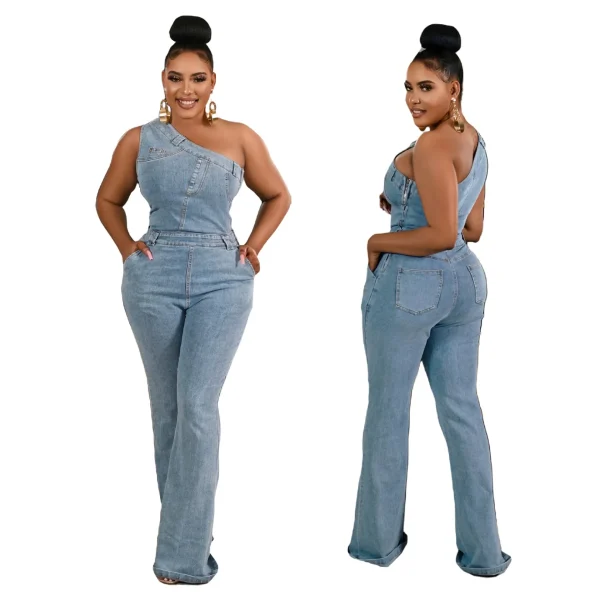 Flare Denim Pants Full Length Women Jeans One Piece Overalls Spliced Solid Jumpsuits Loose Pockets High Waist Basics Washed - Image 5