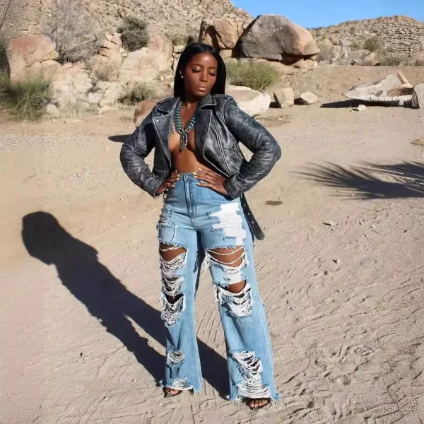 Jeans Women Long Pants Elegant Splice Denim Pant Slim Fit Sexy Hole High Waist Button Pocket Straight Trousers Summer 2024 - Image 5