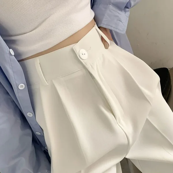 Summer Women's Draped Suit Pants Korean Style High-Waisted Button Casual Pants 2025 New Black White Baggy Office Lady Trousers - Image 3