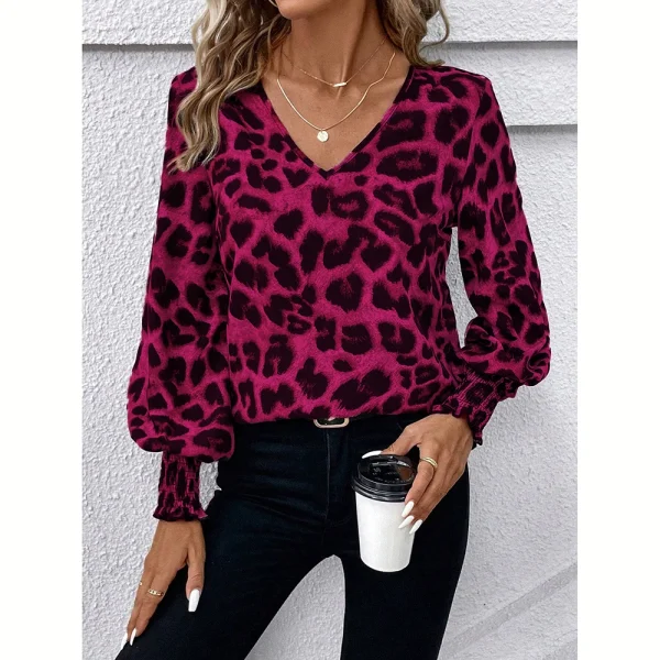 Mia Muse Women's Blouses Autumn Winter Simple Fitting Slim Leopard Long Sleeve V-Neck High Street Blouses - Image 8