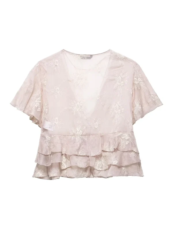 Yaphleet Women Sweet Flower Embroidery V Neck Blouses 2025 Fashion Ladies Ruffles Cascading Short Tops for Female Chic Shirts - Image 2