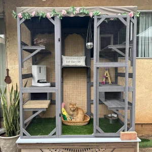 Cat House Outdoor Catio Kitty Enclosure with Super Large Enter Door,Wooden Cat Cage Condo Indoor Playpen with Platform