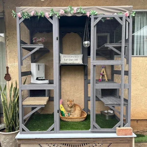 Cat House Outdoor Catio Kitty Enclosure with Super Large Enter Door,Wooden Cat Cage Condo Indoor Playpen with Platform