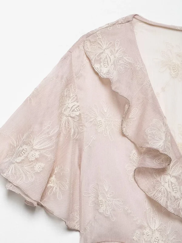 Yaphleet Women Sweet Flower Embroidery V Neck Blouses 2025 Fashion Ladies Ruffles Cascading Short Tops for Female Chic Shirts - Image 5