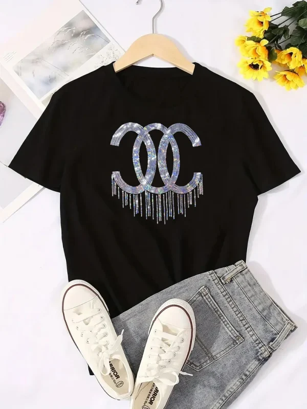 Fashion Women Sequins T-shirt Short Sleeve O-neck Elastic Loose Tees Plus Size Spring Summer Lady Oversize Tops 2024 - Image 2