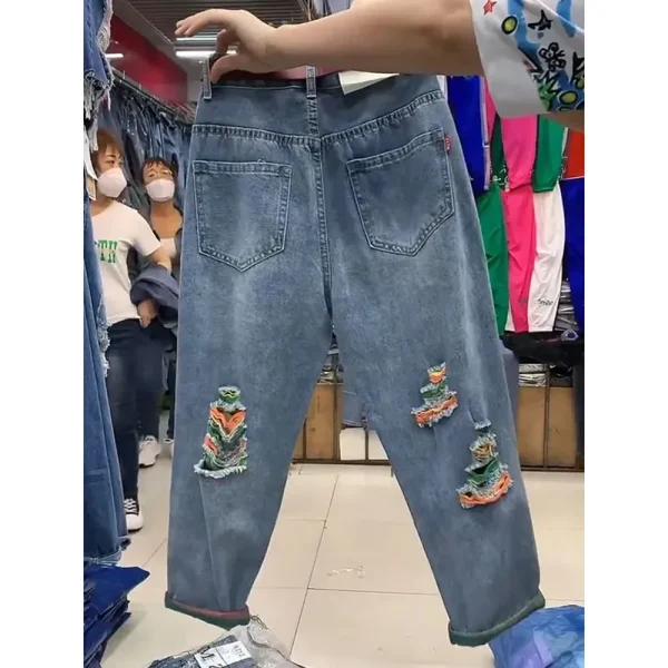 Women's Straight Cylinder Pants 2024 Spring Hole High Waisted Ladies Pants Versatile Fashion Loose Femme Denim Cropped Pants - Image 2