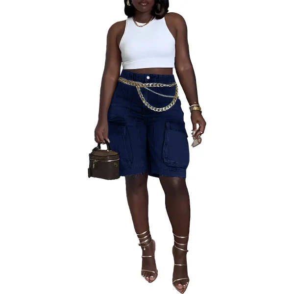 CM.YAYA Women Fashion Pocket Side Straight Knee Length Cargo Jeans 2025 Summer Party Street Short Pants - Image 3