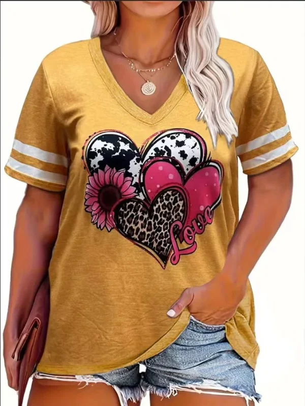 2024 Plus Size Spring/Summer New Love Print Casual Fashion Women's V-Neck Short-Sleeved Loose T-Shirt 5XL  6XL - Image 8