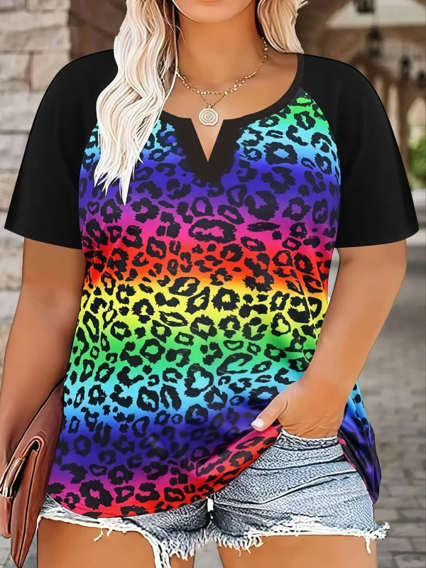 Plus Size Women's Casual Loose Fit Leopard Floral Print Short Sleeve T-Shirt | Oversized Summer Top - Image 3