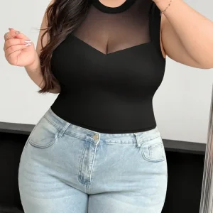 Plus Size Women's 2025 Summer New Sleeveless Round Neck Mesh See Through Sexy Mesh Splicing Black Blouse T Shirt Polyester