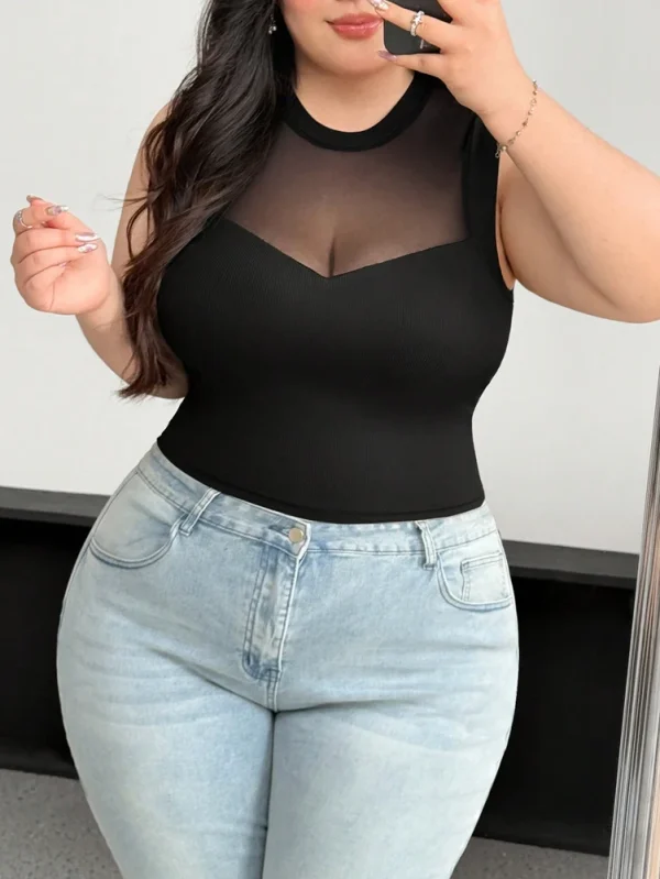 Plus Size Women's 2025 Summer New Sleeveless Round Neck Mesh See Through Sexy Mesh Splicing Black Blouse T Shirt Polyester