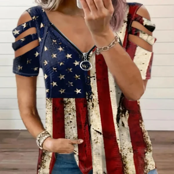 Plus Size Europe and the United States and The United States Cross Border New Women's Printed V-neck Casual T-shirt - Image 4